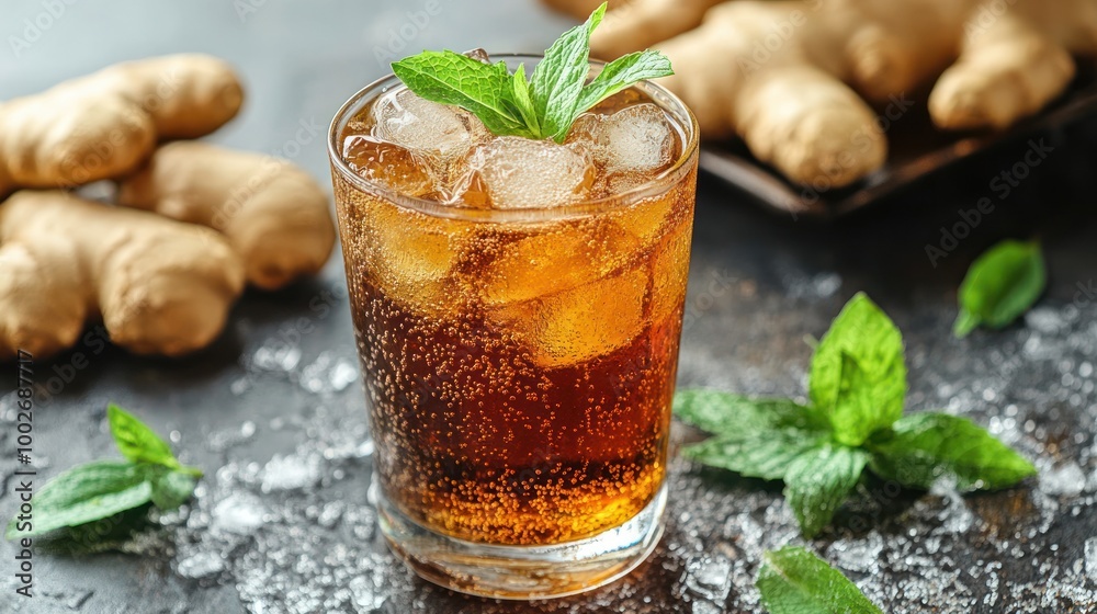 Close up of a refreshing ginger ale drink in a glass with ice and mint leaves, garnished with fresh ginger root. Close up of a refreshing ginger ale drink in a glass with ice and mint leaves, garnished with fresh ginger root.