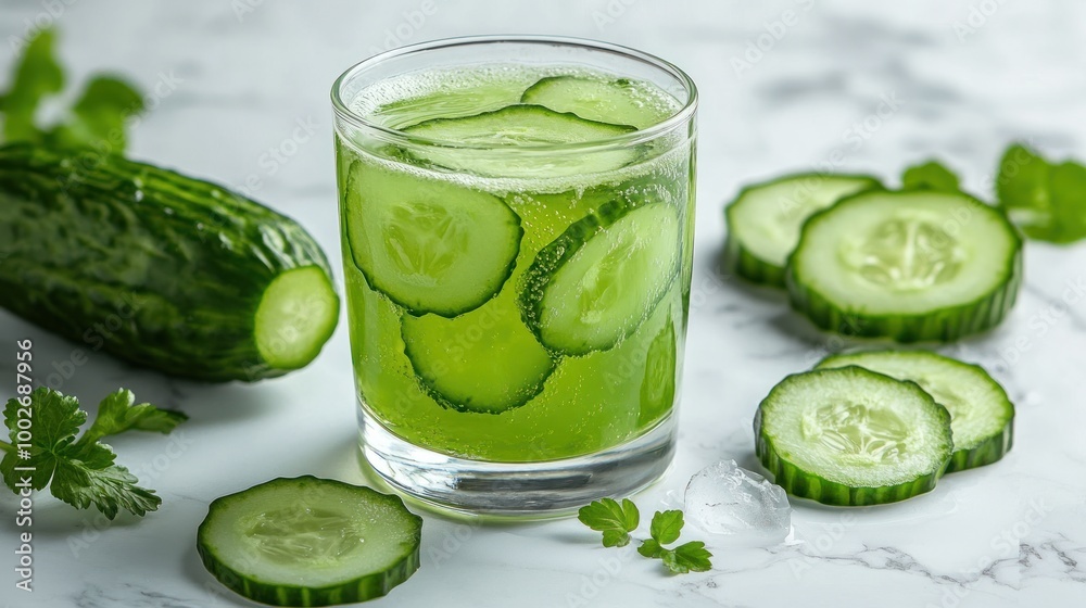 A glass of refreshing cucumber water with ice and fresh cucumber slices on a marble countertop. A glass of refreshing cucumber water with ice and fresh cucumber slices on a marble countertop.