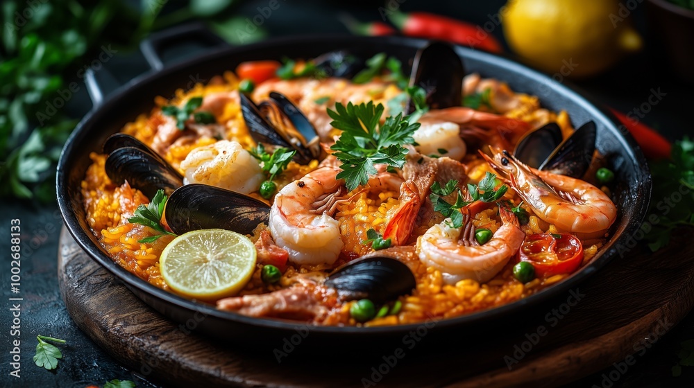 A photo of an elegant paella dish, showcasing the vibrant colors and textures of its ingredients like shrimp, mussels, rice, meat, with lemon and lime slices as garnishes A photo of an elegant paella dish, showcasing the vibrant colors and textures of its ingredients like shrimp, mussels, rice, meat, with lemon and lime slices as garnishes