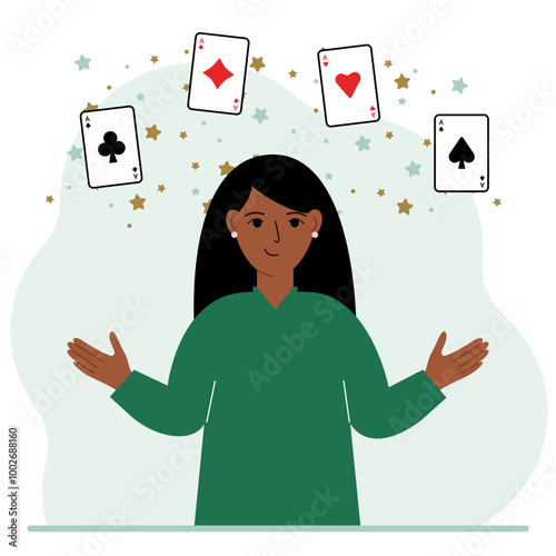 Woman holding playing cards cards. Playing combination of 4 aces or four of a kind. Vector flat illustration