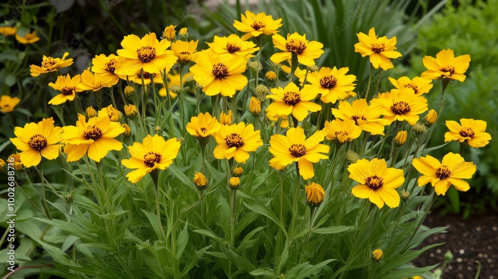 Bright yellow flowers bloom abundantly in a lush garden during the early summer season, creating a vibrant and cheerful atmosphere Bright yellow flowers bloom abundantly in a lush garden during the early summer season, creating a vibrant and cheerful atmosphere