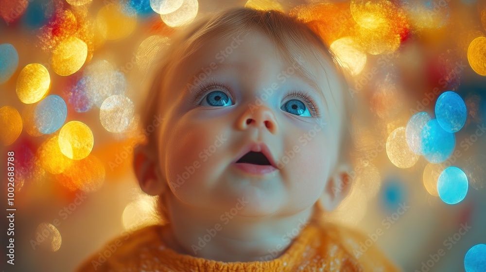 A baby gazing in wonder at colorful, blurred lights. A baby gazing in wonder at colorful, blurred lights.