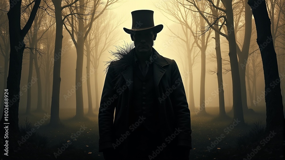 a man in a black hat stands in a forest with trees in the background. a man in a black hat stands in a forest with trees in the background.