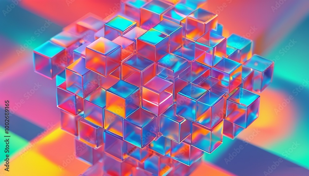Obraz premium 3D Abstract cluster of transparent cubes, suspended in mid-motion, reflecting colorful gradients of light. Made with generative AI technology