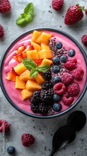 A pink smoothie bowl topped with fresh berries, mango, chia seeds, and mint leaves.