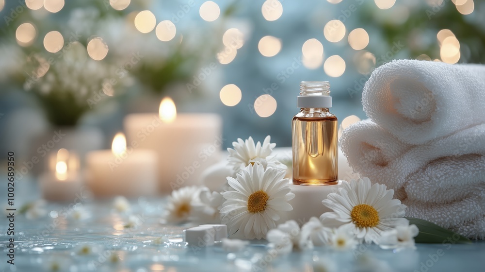 white towels and candles on the table, flowers in small glass bottles, essential oil bottle, spa concept background white towels and candles on the table, flowers in small glass bottles, essential oil bottle, spa concept background