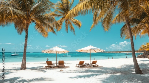 A beach scene with palm trees and umbrellas