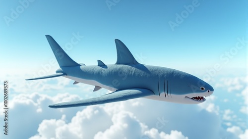 A large blue shark, similar to an airplane, flies in the sky with clouds