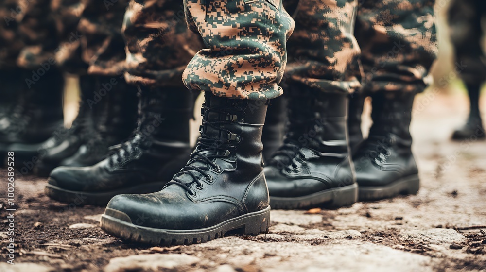 Close-up of black combat boots in military formation, camouflage uniforms, outdoor setting Close-up of black combat boots in military formation, camouflage uniforms, outdoor setting