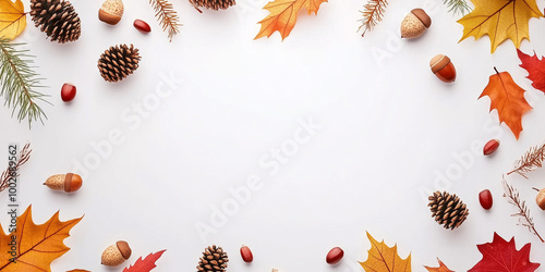 Fall themed background with leaves, pine cones, and acorns with copy space made white paper