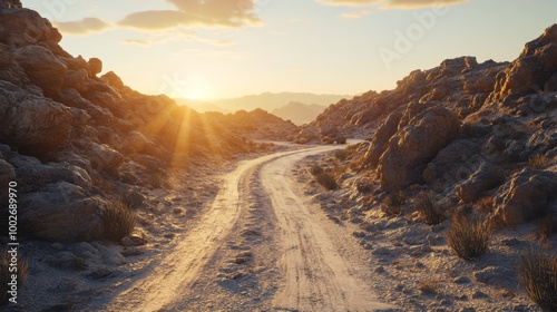 A winding desert road through rocky terrain, ultra detailed