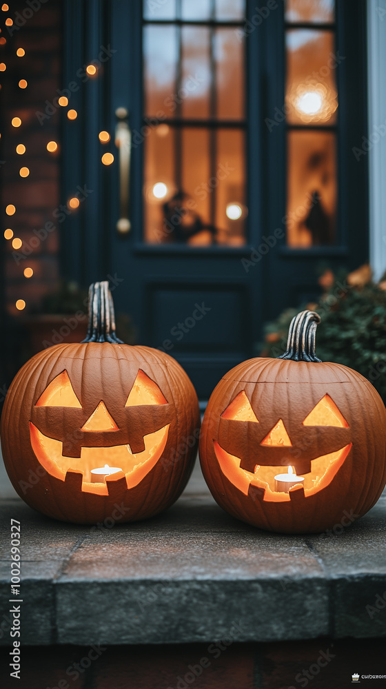 Fototapeta premium Halloween themed background featuring Jack-o-Lanterns with copy space