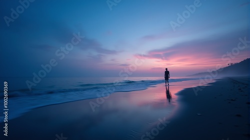 a person standing on a beach with a sunset in the background.