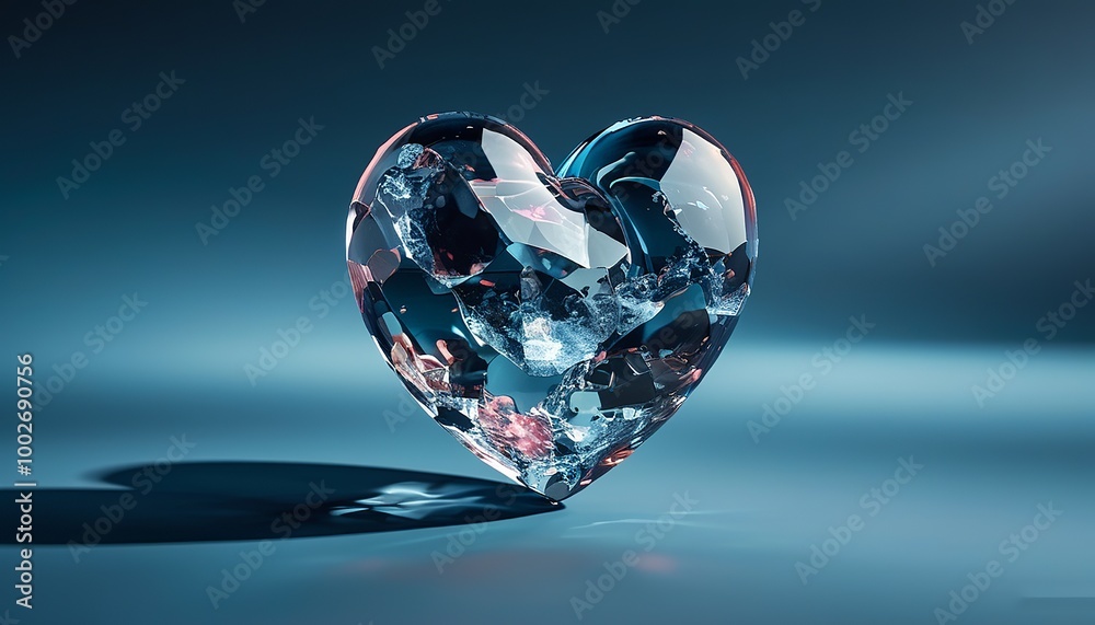 3D Abstract floating crystalline heart casting shadows on a flat deep blue background. Made with generative AI technology 3D Abstract floating crystalline heart casting shadows on a flat deep blue background. Made with generative AI technology