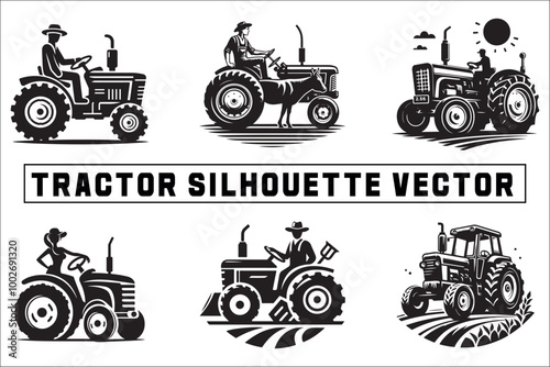 Agricultural Tractor Farmer Vector Silhouettes