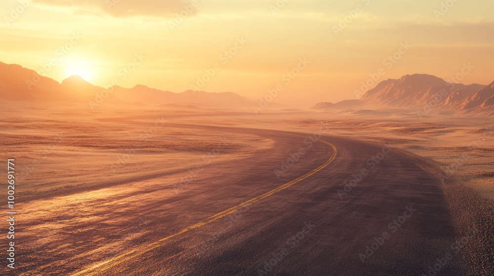 A winding road through a vast, arid desert landscape A winding road through a vast, arid desert landscape