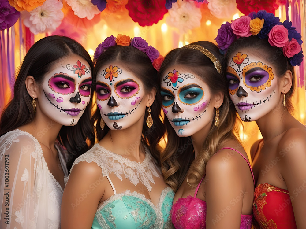a group of beautiful women with painted sugar skull on their face for Mexico's Day of the Dead a group of beautiful women with painted sugar skull on their face for Mexico's Day of the Dead