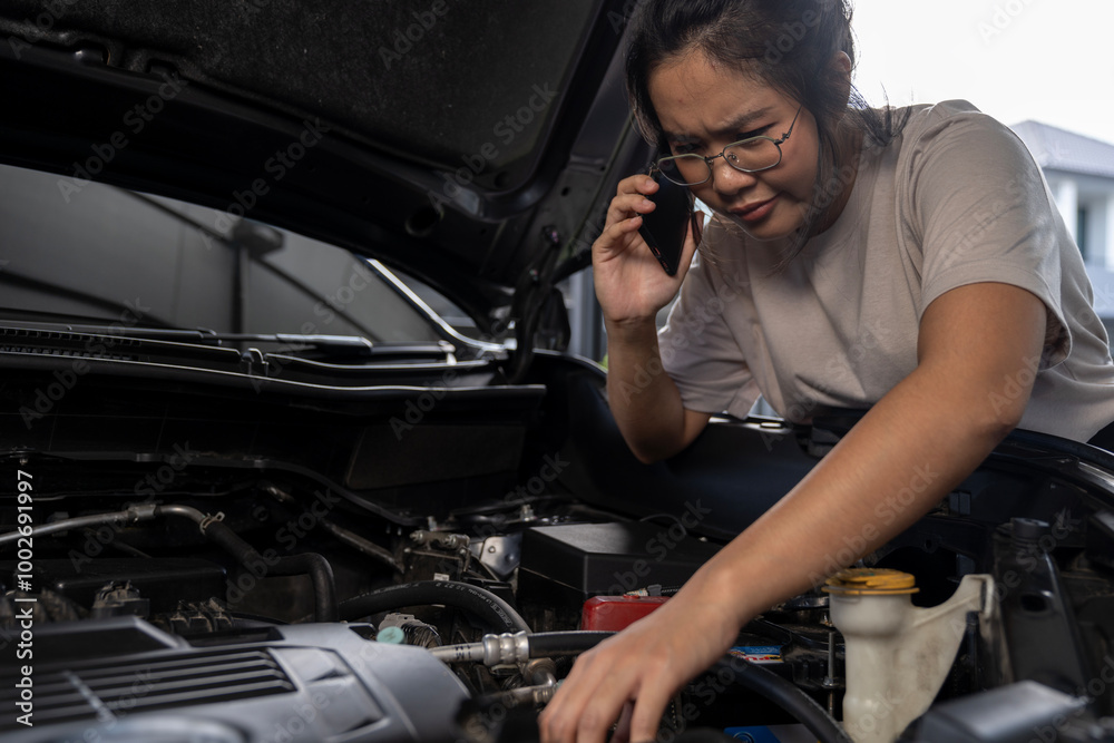 A young woman is calling for assistance because her car broke down A young woman is calling for assistance because her car broke down