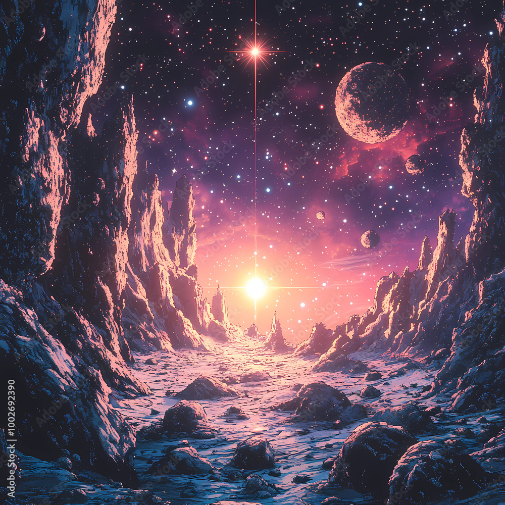 Fototapeta premium spacescape art: Asteroid Field in a Synthwave Style: A Spacescape Art Piece