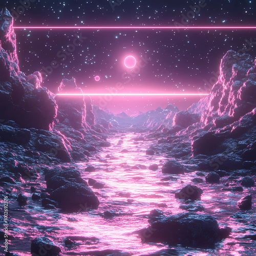 spacescape art: Asteroid Field in a Synthwave Style: A Spacescape Art Piece photo