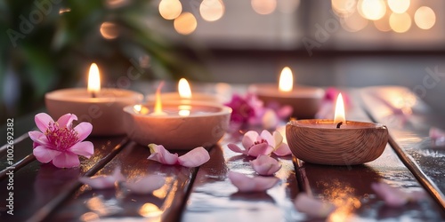 Five candles on a wooden table with pink petals create a peaceful atmosphere under soft bokeh lights. photo