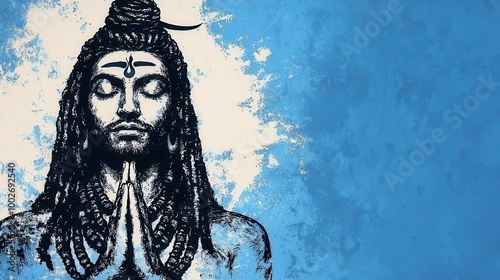 Shiva in Virabhadrasana warrior pose, his eyes closed, symbolizing strength and inner peace, Shiva, yoga, warrior balance