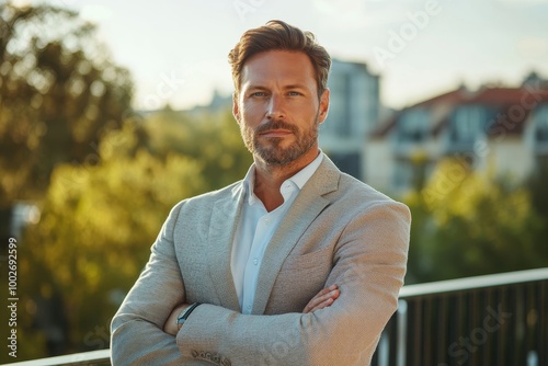 Portrait of nice attractive stylish entrepreneur leader shark expert specialist folded arms on roof outside outdoor sunny day, Generative AI