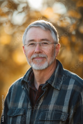 A middle-aged man wearing glasses, captured in an autumn outdoor setting, exuding warmth and approachable friendliness.