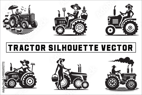 Agricultural Tractor Farmer Vector Silhouettes