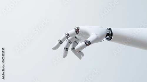 A futuristic robot hand reaching out against a white background, symbolizing AI, robotics, and automation. Minimalist and tech-forward.