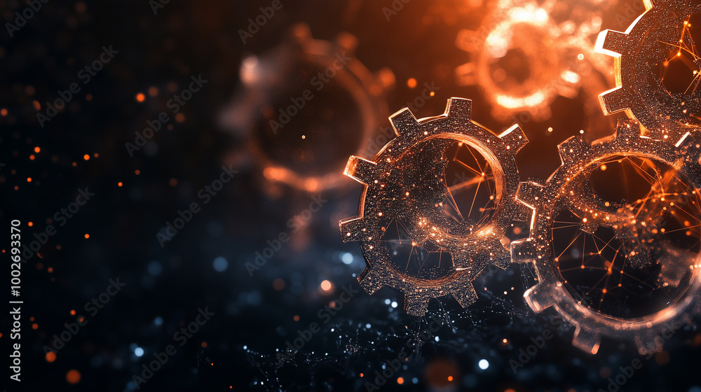 Warm tones gears with holographic networking and copy space on a black background Warm tones gears with holographic networking and copy space on a black background