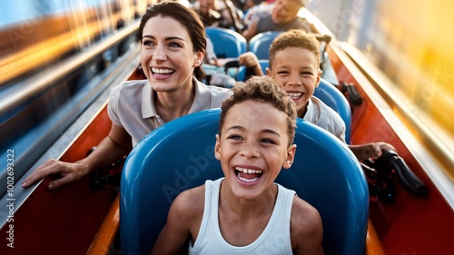 Mother and her two children ride a rollercoaster at an amusement park, experiencing excitement, joy, laughter, and fun together photo