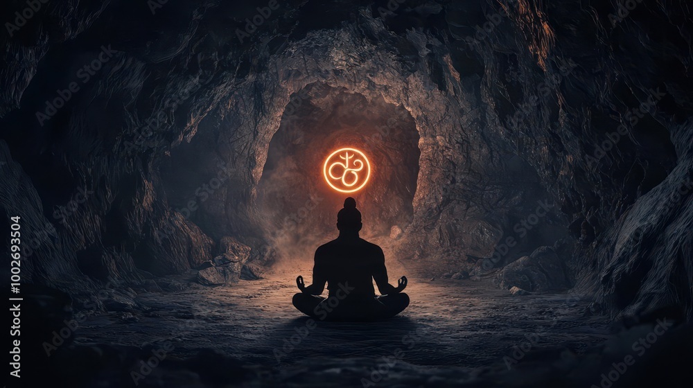 Shiva meditating in a cave, surrounded by glowing symbols of Om ...
