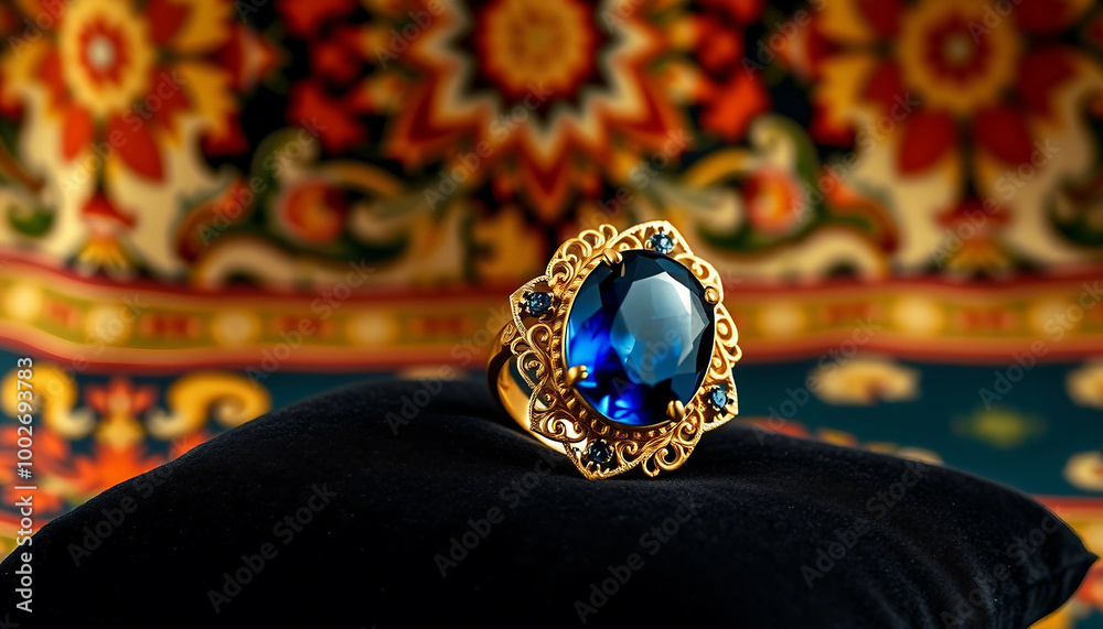 A stunning gold ring featuring a large sapphire-like blue gemstone, set against a decorative background. Perfect for showcasing luxury and elegance.
A stunning gold ring featuring a large sapphire-like blue gemstone, set against a decorative background. Perfect for showcasing luxury and elegance.