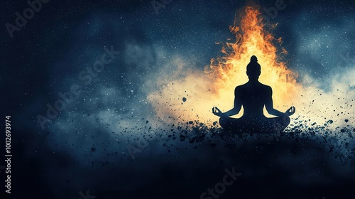 Shiva meditating on a lotus, surrounded by sacred flames, his breath harmonizing with the universe, Shiva, meditation, cosmic breath photo