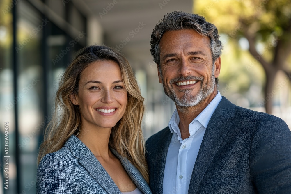 Successful mature business team man and woman businessmen in business suits smiling and looking at camera outside office building and specialist investors team smiling and, Generative AI Successful mature business team man and woman businessmen in business suits smiling and looking at camera outside office building and specialist investors team smiling and, Generative AI