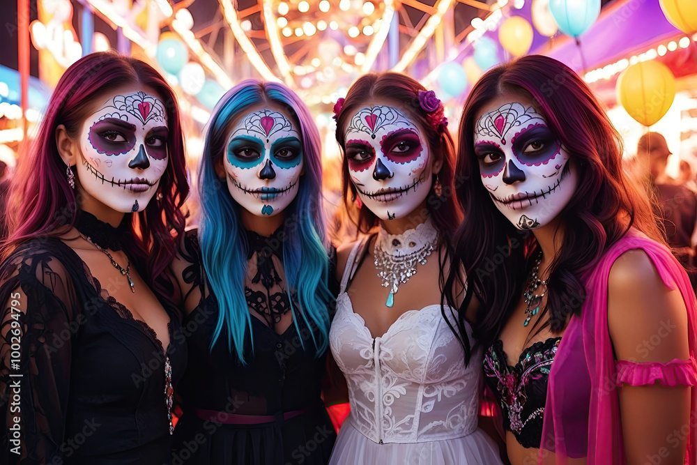 a group of beautiful women with painted sugar skull on their face for Mexico's Day of the Dead a group of beautiful women with painted sugar skull on their face for Mexico's Day of the Dead