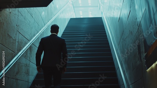 businessman in formal suit climbs steps view from behind Generative AI