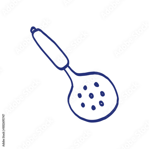 Skimmer. Kitchenware sketch. Doodle line vector kitchen utensil and tool. Cutlery illustration