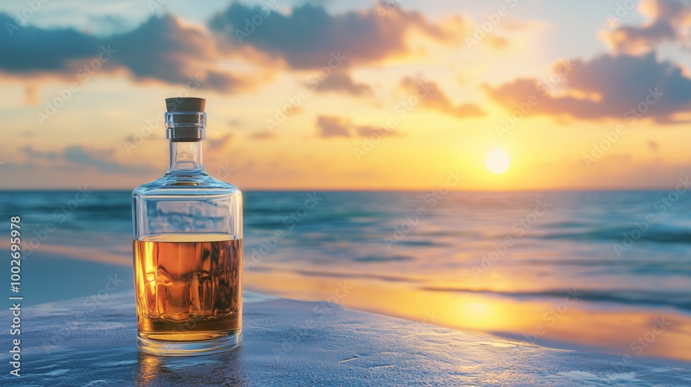 bottle and glass of whiskey at sunset ocean Generative AI bottle and glass of whiskey at sunset ocean Generative AI