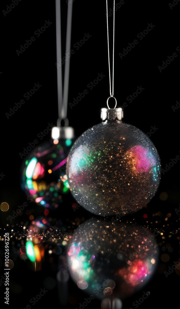 Obraz premium A colorful Christmas ornament on a black background with bokeh sparkles.