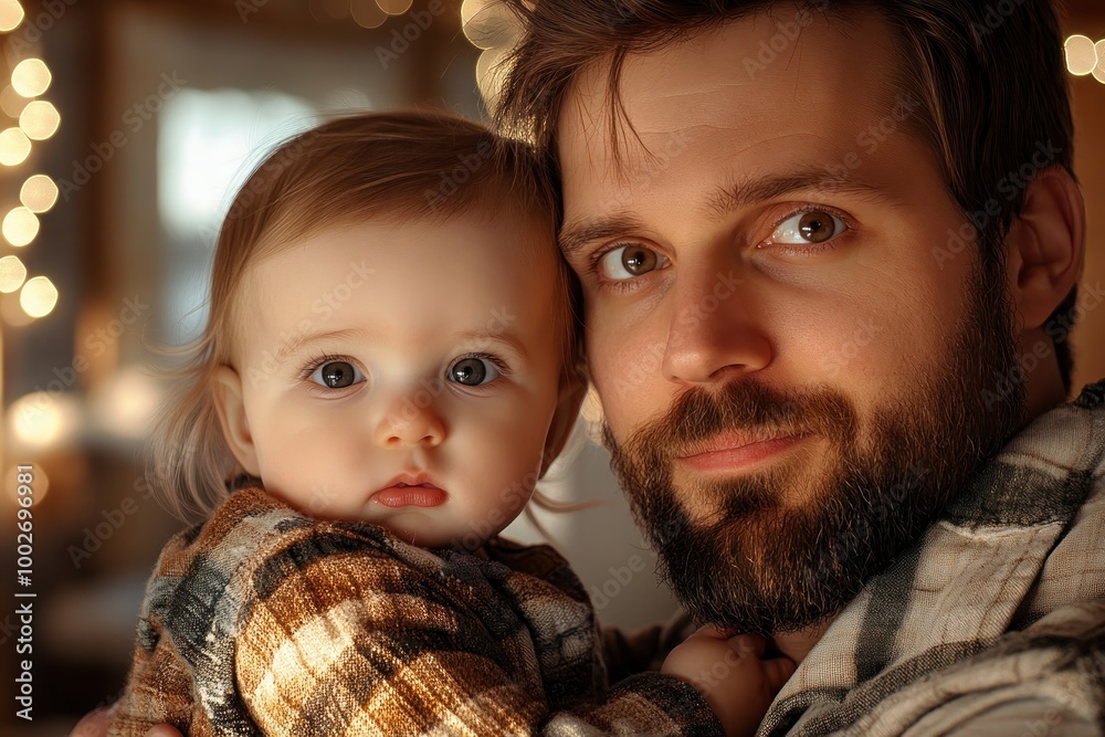 Tender Father-Daughter Moment Dad Holds Baby Close in Cozy Living Room with Warm Lights, A Picture of Unconditional Love and Family Bonding Tender Father-Daughter Moment Dad Holds Baby Close in Cozy Living Room with Warm Lights, A Picture of Unconditional Love and Family Bonding