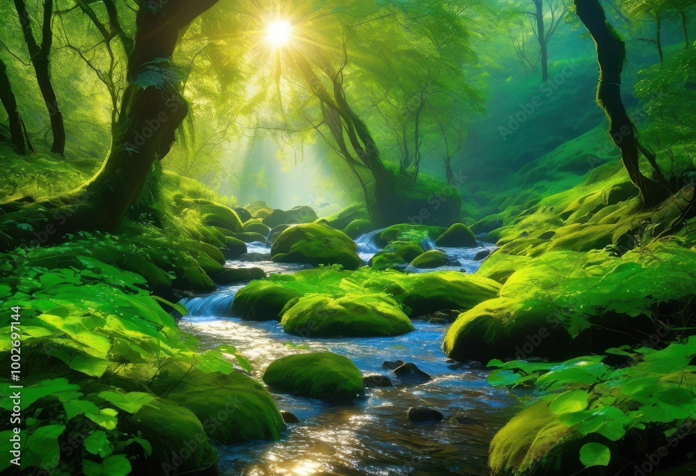 Fototapeta premium beautiful vibrant morning landscape featuring lush dew kissed serene natural scenery bright light, nature, greenery, sunlight, garden, water, leaf, sky