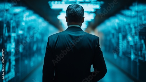 A man in a suit is walking down a hallway with a blue background