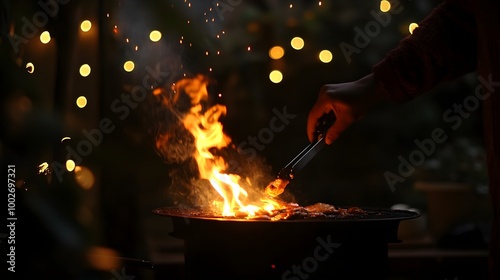 Night grilling scene with flames, tongs turning food, blurred string lights in background