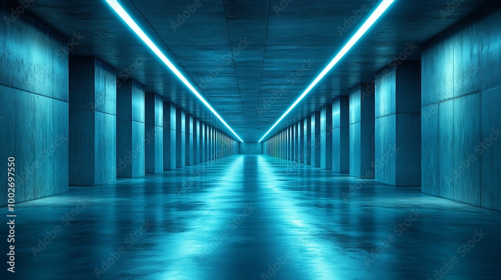 A long, narrow hallway with blue lights shining down on the floor A long, narrow hallway with blue lights shining down on the floor