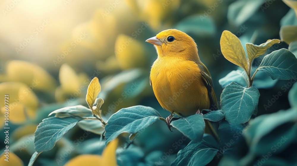A yellow bird is perched on a leafy green bush A yellow bird is perched on a leafy green bush