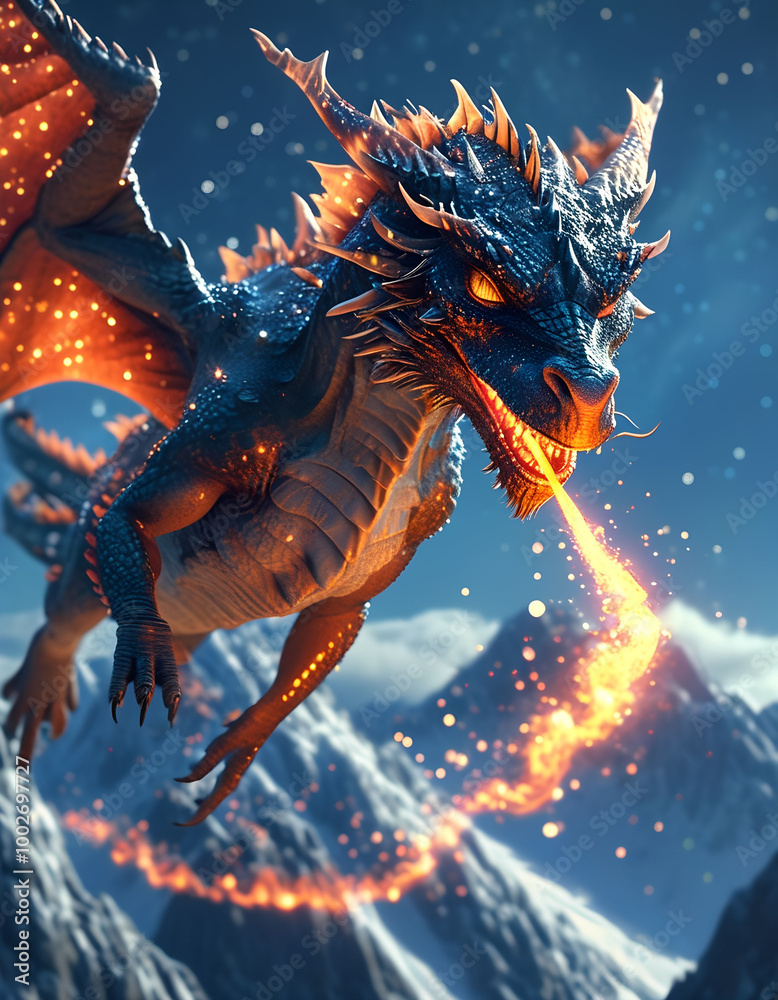A majestic blue dragon with fiery breath soars above a snow-capped mountain range under a starry night sky A majestic blue dragon with fiery breath soars above a snow-capped mountain range under a starry night sky