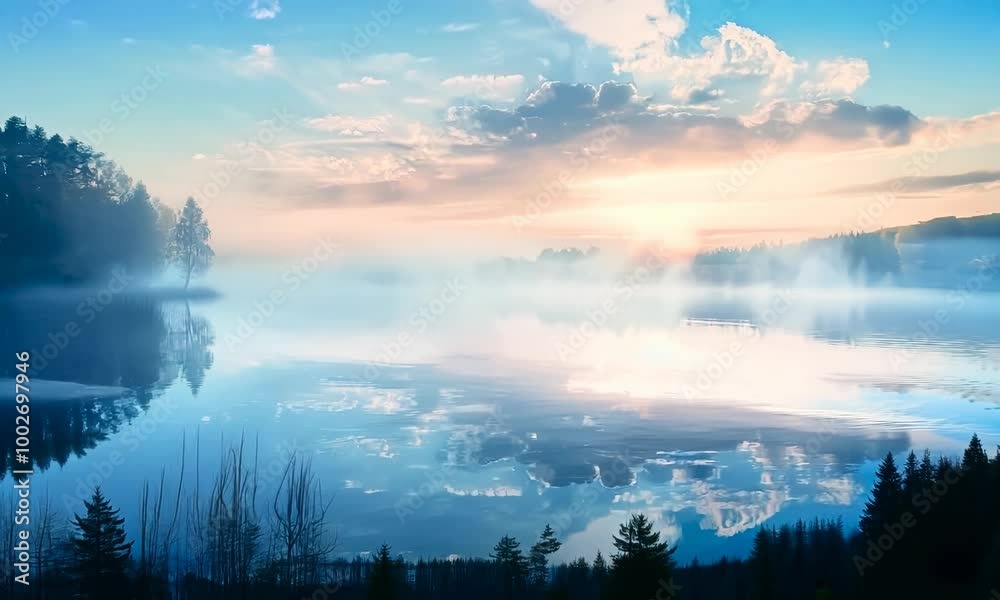 Beautiful lake with a tree in the foreground. The sky is a mix of blue and pink, and the sun is setting. The water is calm and still, and the reflection of the sky. hyperrealistic Video Beautiful lake with a tree in the foreground. The sky is a mix of blue and pink, and the sun is setting. The water is calm and still, and the reflection of the sky. hyperrealistic Video