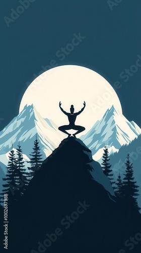 Shiva performing Parvatasana mountain pose, his body merging with the peaks of the Himalayas, symbolizing unity with nature, Shiva, yoga, mountain photo